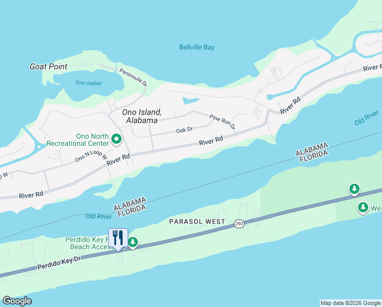 map of restaurants, bars, coffee shops, grocery stores, and more near 31304 River Road in Orange Beach
