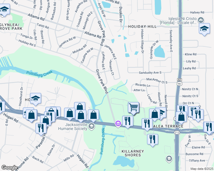 map of restaurants, bars, coffee shops, grocery stores, and more near 1411 Grove Park Boulevard in Jacksonville