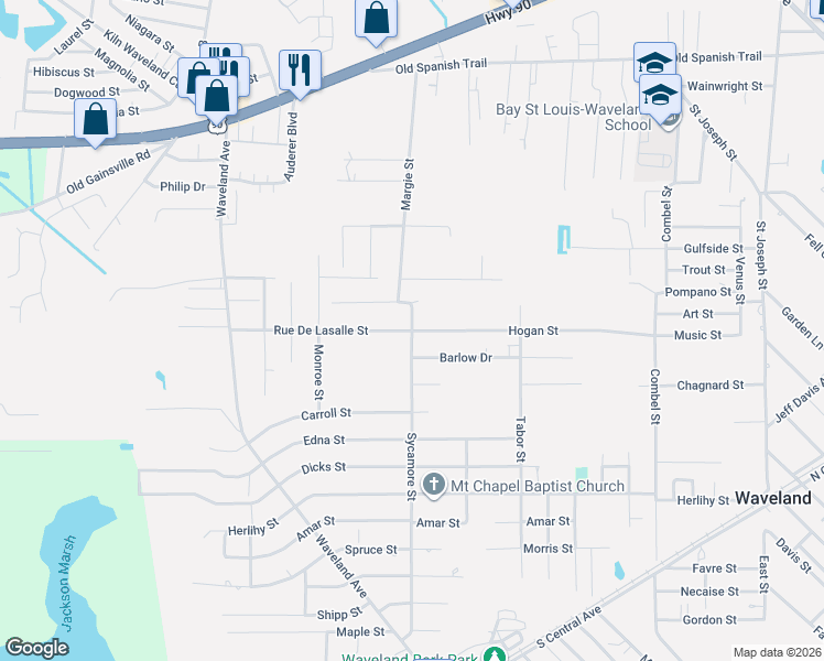 map of restaurants, bars, coffee shops, grocery stores, and more near 614 Rue De Lasalle Street in Waveland