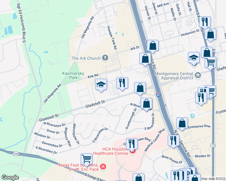 map of restaurants, bars, coffee shops, grocery stores, and more near 810 Gladstell Street in Conroe