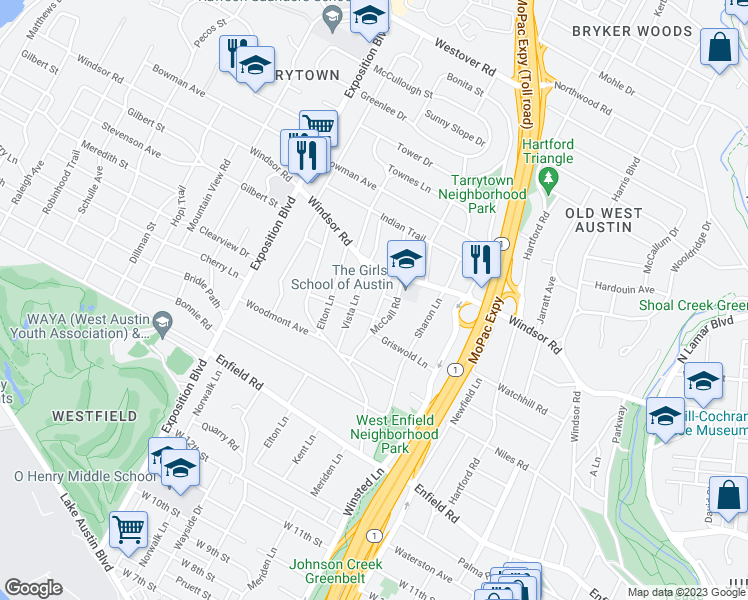 map of restaurants, bars, coffee shops, grocery stores, and more near 1906 Bremen Street in Austin