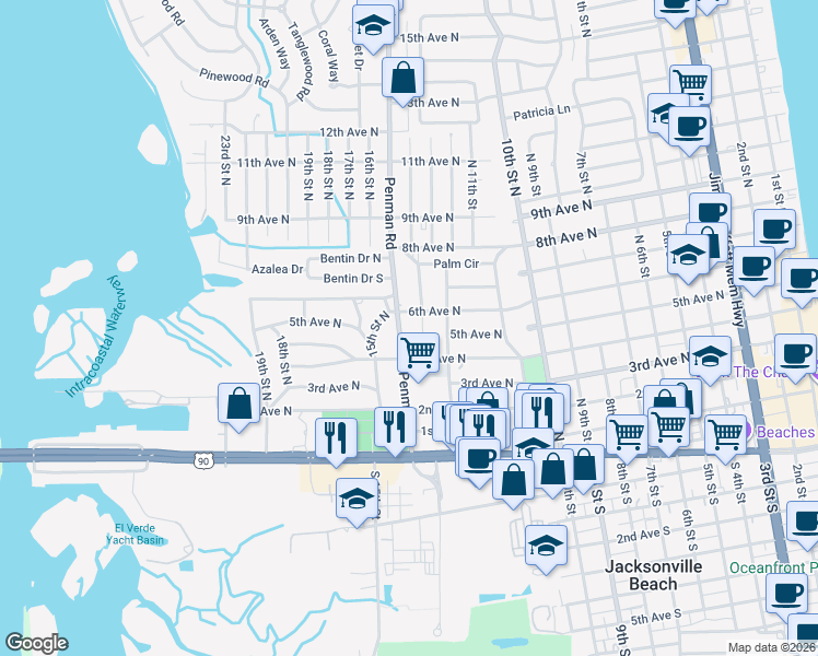 map of restaurants, bars, coffee shops, grocery stores, and more near 529 Holly Drive in Jacksonville Beach
