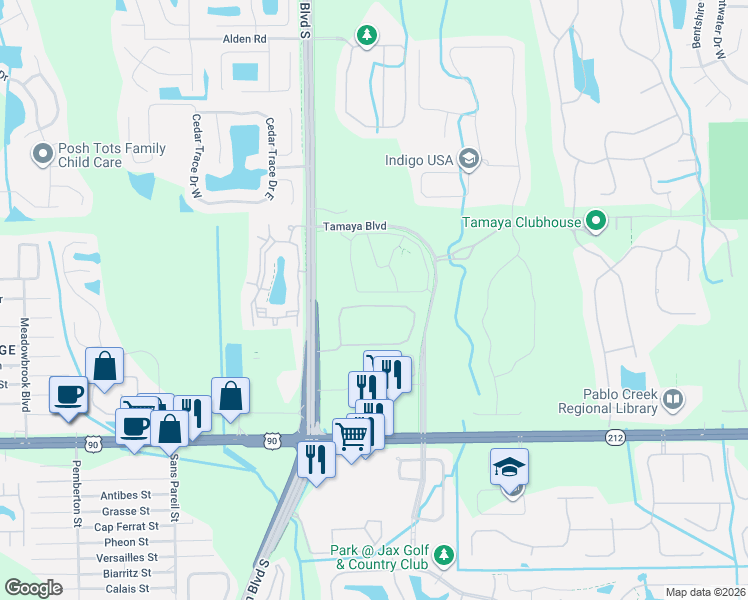 map of restaurants, bars, coffee shops, grocery stores, and more near 12824 Josslyn Lane in Jacksonville
