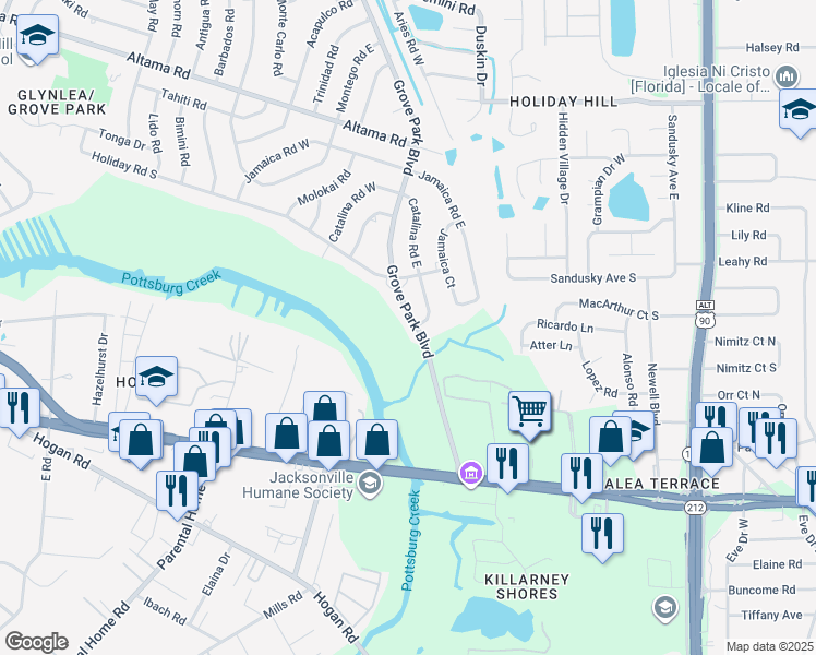map of restaurants, bars, coffee shops, grocery stores, and more near 1411 Grove Park Boulevard in Jacksonville