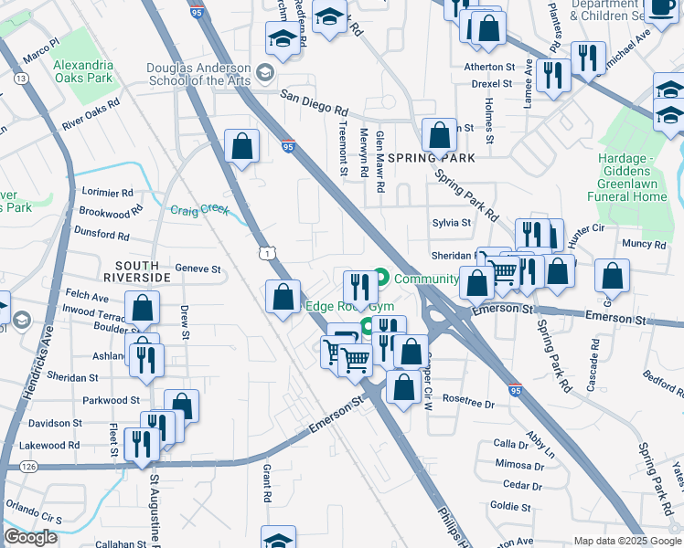map of restaurants, bars, coffee shops, grocery stores, and more near 3465 Philips Highway in Jacksonville