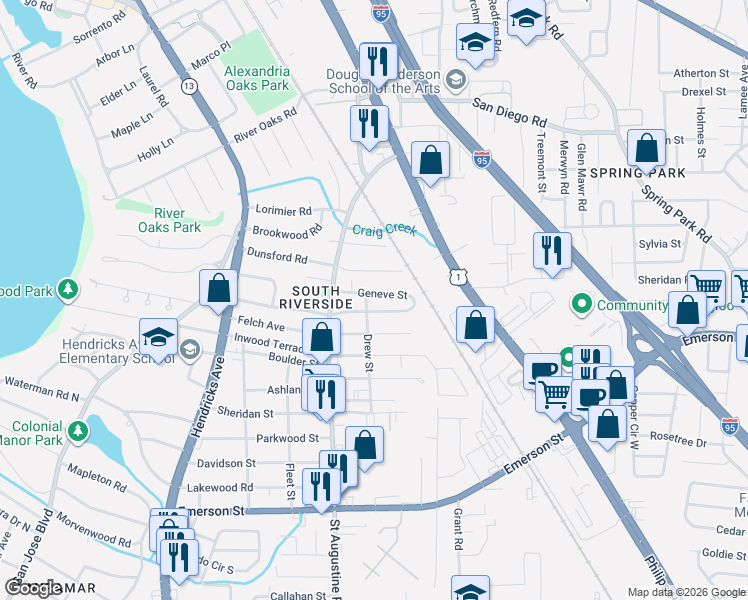 map of restaurants, bars, coffee shops, grocery stores, and more near 3311 Drew Street in Jacksonville
