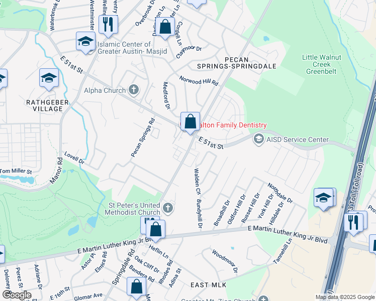 map of restaurants, bars, coffee shops, grocery stores, and more near 4508 Night Owl Lane in Austin