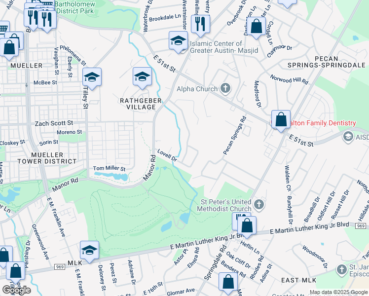 map of restaurants, bars, coffee shops, grocery stores, and more near 4613 Windy Brook Drive in Austin