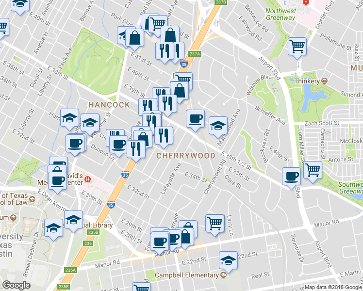 map of restaurants, bars, coffee shops, grocery stores, and more near 3701 Werner Avenue in Austin
