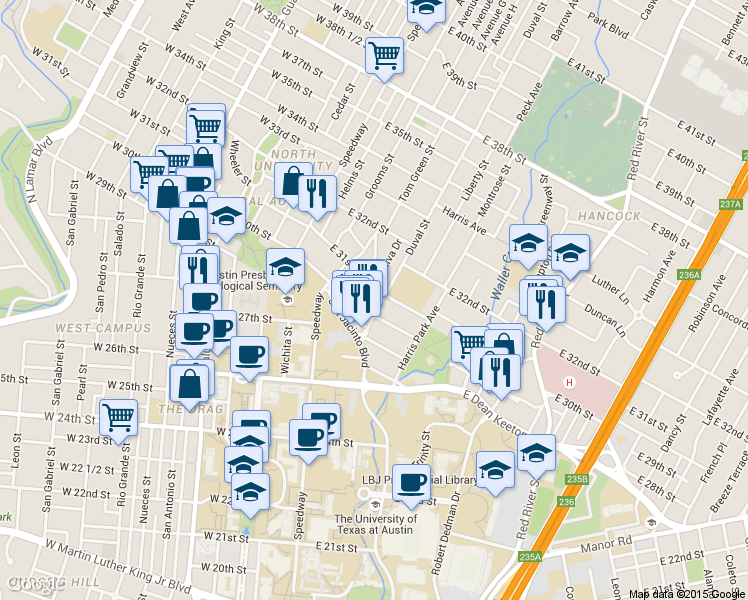 map of restaurants, bars, coffee shops, grocery stores, and more near 3006 Duval Street in Austin