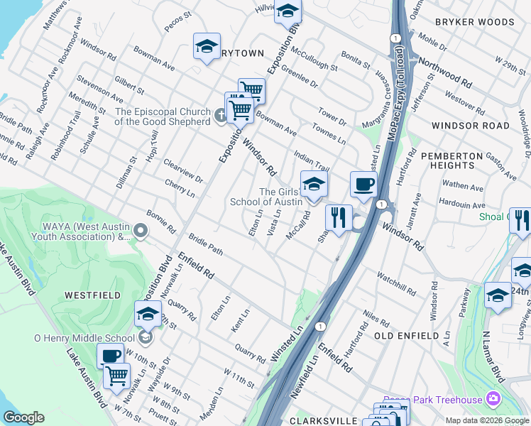 map of restaurants, bars, coffee shops, grocery stores, and more near 1804 Elton Lane in Austin