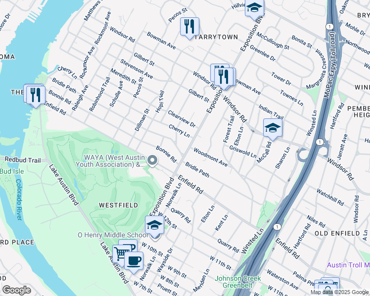 map of restaurants, bars, coffee shops, grocery stores, and more near 1700 Exposition Boulevard in Austin