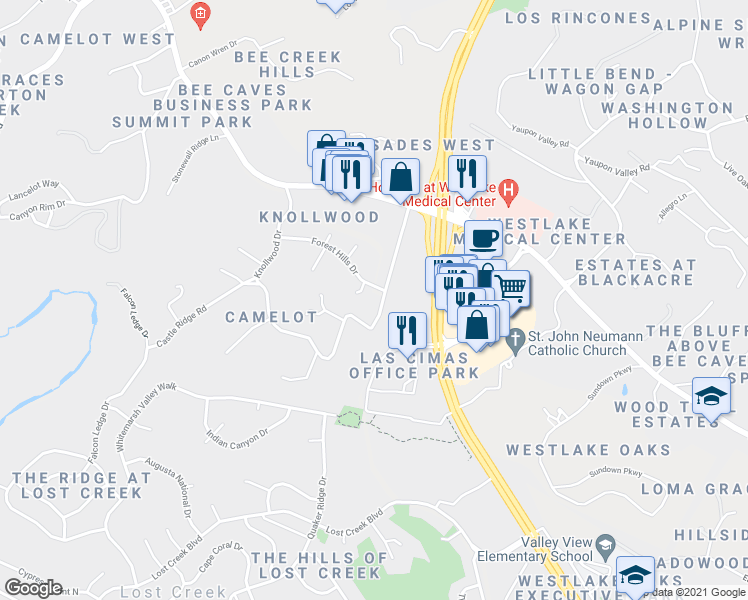 map of restaurants, bars, coffee shops, grocery stores, and more near 803 Single Oak Cove in Austin