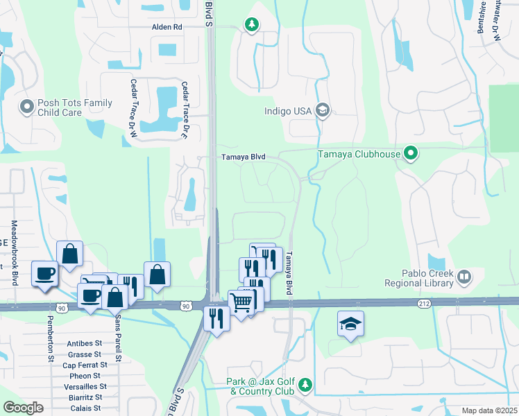 map of restaurants, bars, coffee shops, grocery stores, and more near 12824 Josslyn Lane in Jacksonville