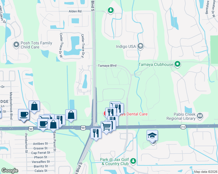 map of restaurants, bars, coffee shops, grocery stores, and more near 12824 Josslyn Lane in Jacksonville