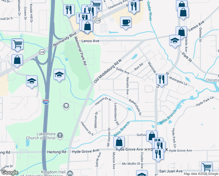 map of restaurants, bars, coffee shops, grocery stores, and more near 7015 Seneca Avenue in Jacksonville