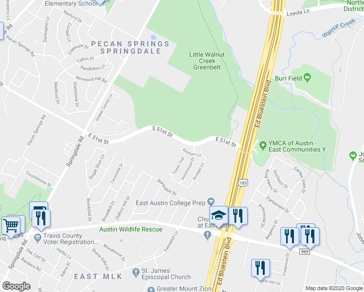 map of restaurants, bars, coffee shops, grocery stores, and more near 5400 Rayburn Lane in Austin