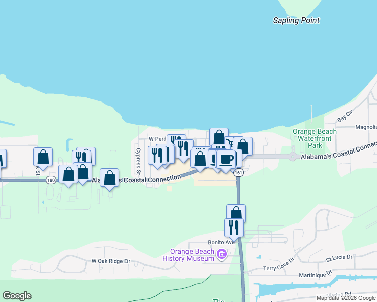 map of restaurants, bars, coffee shops, grocery stores, and more near 25777 Canal Road in Orange Beach