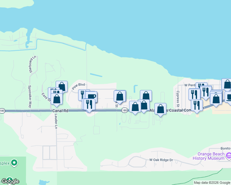 map of restaurants, bars, coffee shops, grocery stores, and more near 24990 Wolf Bay Terrace in Orange Beach