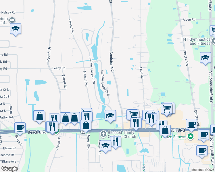 map of restaurants, bars, coffee shops, grocery stores, and more near 2955 Lantana Lakes Drive East in Jacksonville