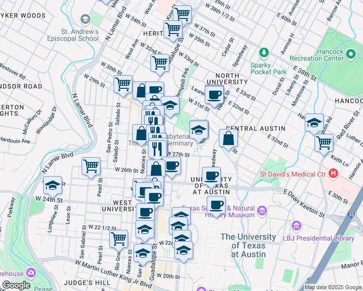 map of restaurants, bars, coffee shops, grocery stores, and more near 210 West 27th Street in Austin