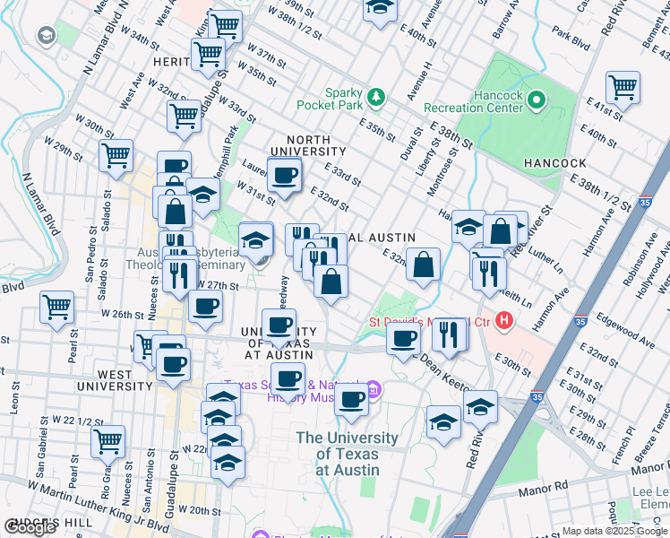 map of restaurants, bars, coffee shops, grocery stores, and more near 3006 Duval Street in Austin