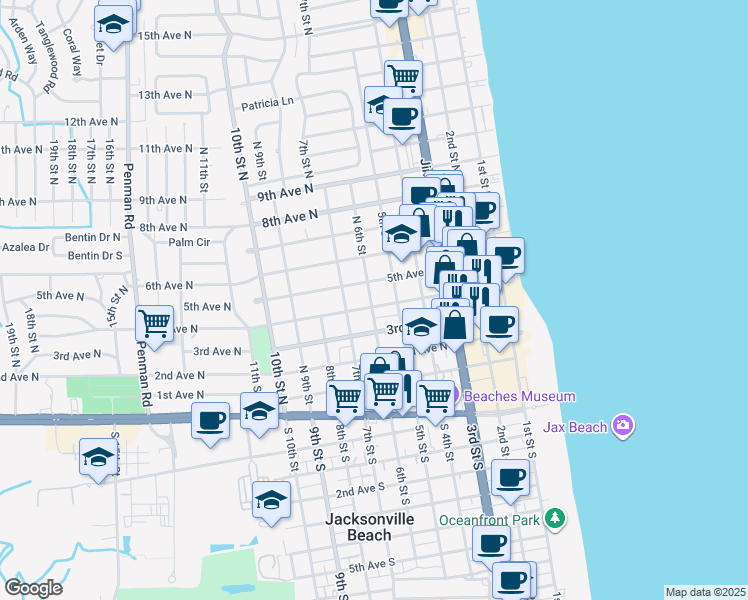 map of restaurants, bars, coffee shops, grocery stores, and more near 503 North 6th Street in Jacksonville Beach