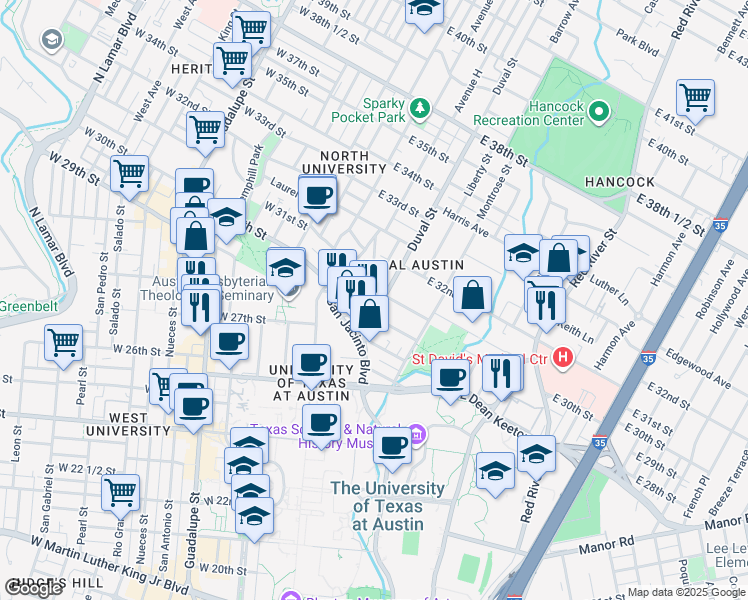 map of restaurants, bars, coffee shops, grocery stores, and more near 3006 Duval Street in Austin
