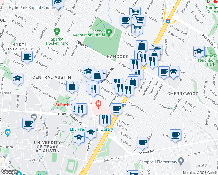 map of restaurants, bars, coffee shops, grocery stores, and more near 908 Duncan Lane in Austin