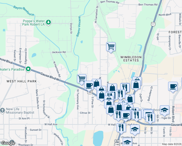 map of restaurants, bars, coffee shops, grocery stores, and more near 781 Pine St in Slidell