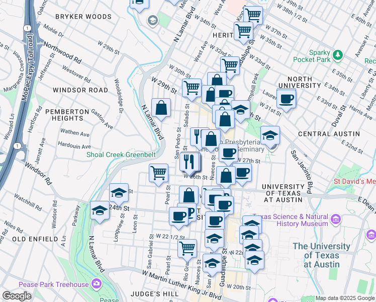 map of restaurants, bars, coffee shops, grocery stores, and more near 2704 Rio Grande Street in Austin