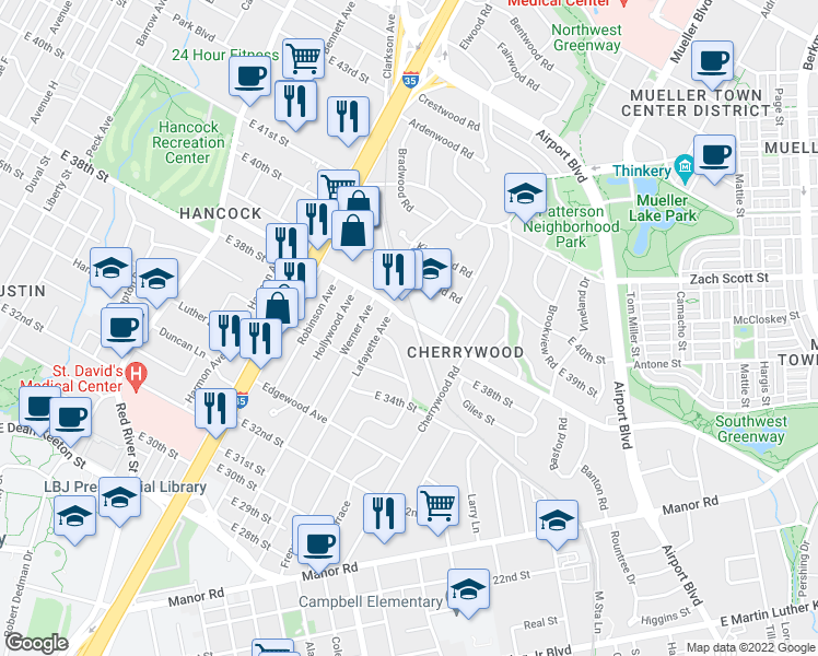 map of restaurants, bars, coffee shops, grocery stores, and more near 3714 Clarkson Avenue in Austin