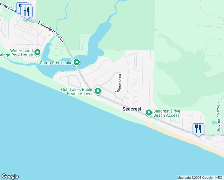 map of restaurants, bars, coffee shops, grocery stores, and more near 135 Seabreeze Circle in Seacrest