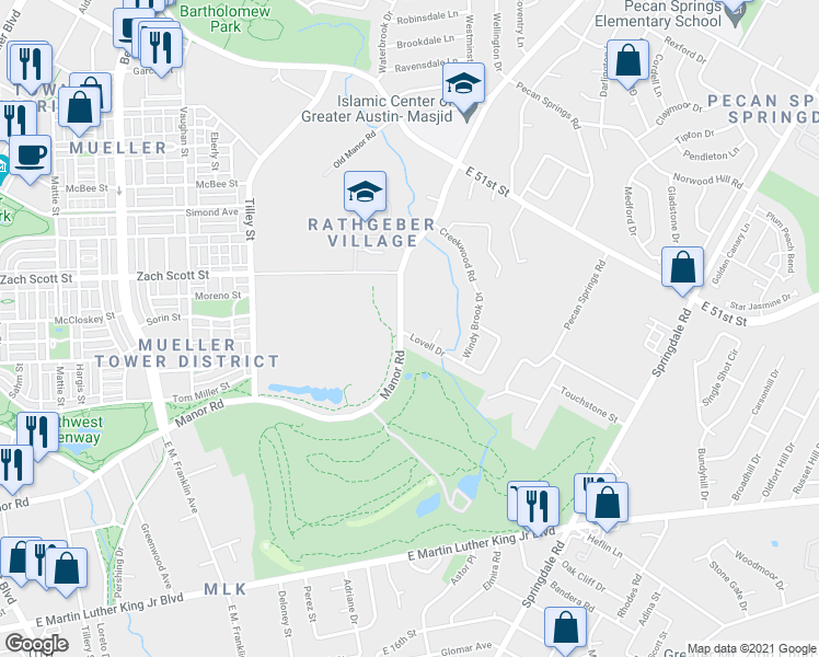 map of restaurants, bars, coffee shops, grocery stores, and more near 2800 Lovell Drive in Austin