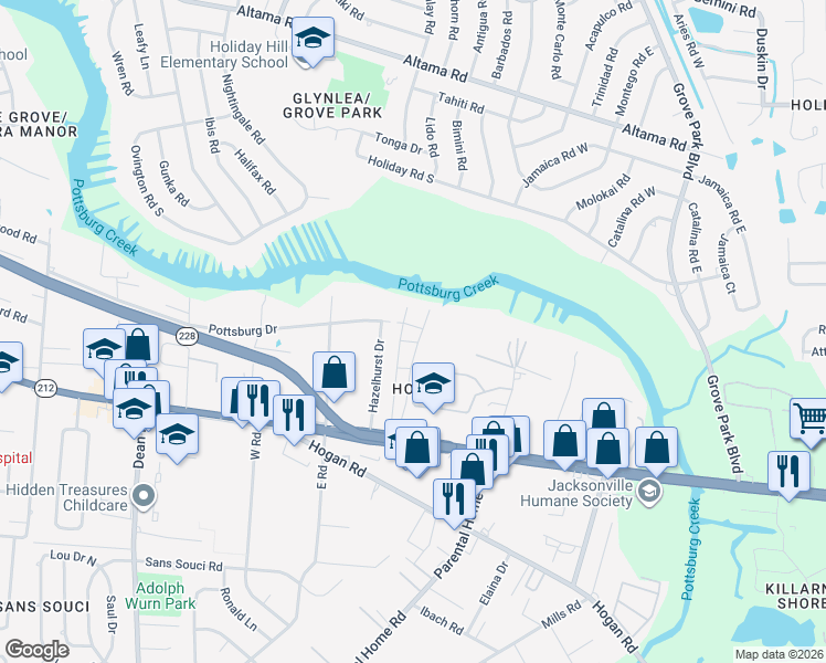 map of restaurants, bars, coffee shops, grocery stores, and more near 1540 El Prado Road in Jacksonville