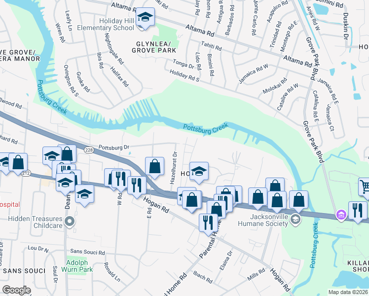 map of restaurants, bars, coffee shops, grocery stores, and more near 1530 El Prado Road in Jacksonville
