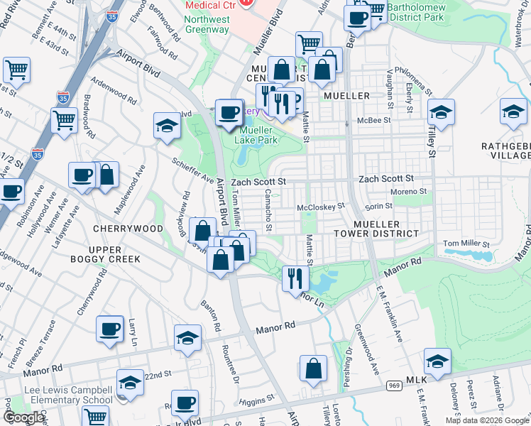 map of restaurants, bars, coffee shops, grocery stores, and more near 4028 Camacho Street in Austin