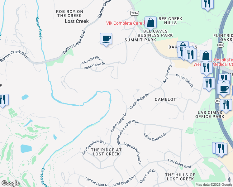 map of restaurants, bars, coffee shops, grocery stores, and more near 1106 Falcon Ledge Drive in Austin