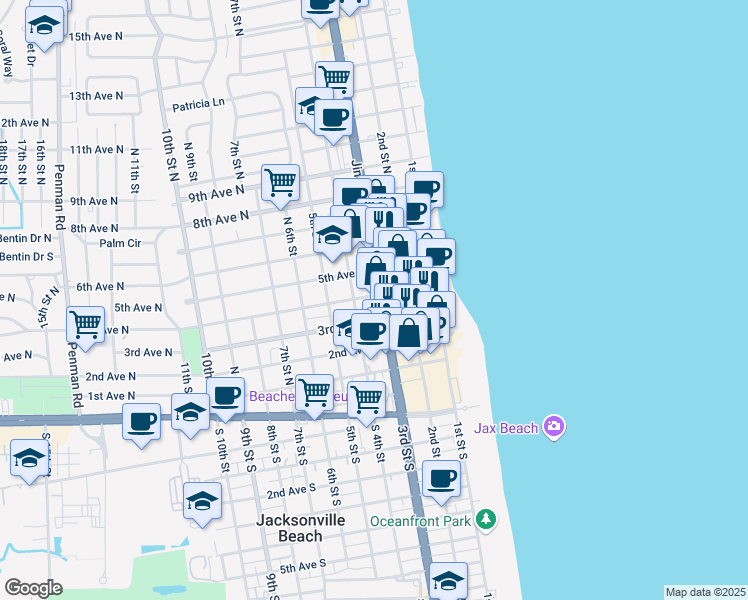 map of restaurants, bars, coffee shops, grocery stores, and more near 434 3rd Street North in Jacksonville Beach