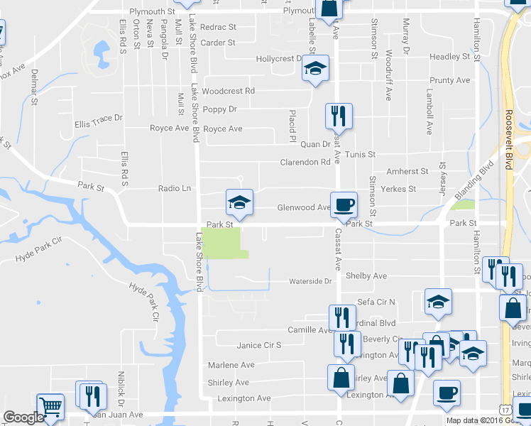 map of restaurants, bars, coffee shops, grocery stores, and more near 5212 Glenwood Avenue in Jacksonville
