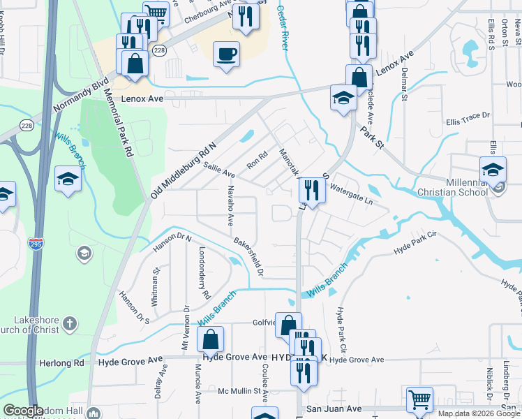 map of restaurants, bars, coffee shops, grocery stores, and more near 1523 Montrose Avenue East in Jacksonville