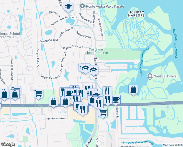 map of restaurants, bars, coffee shops, grocery stores, and more near 3044 San Pablo Road South in Jacksonville