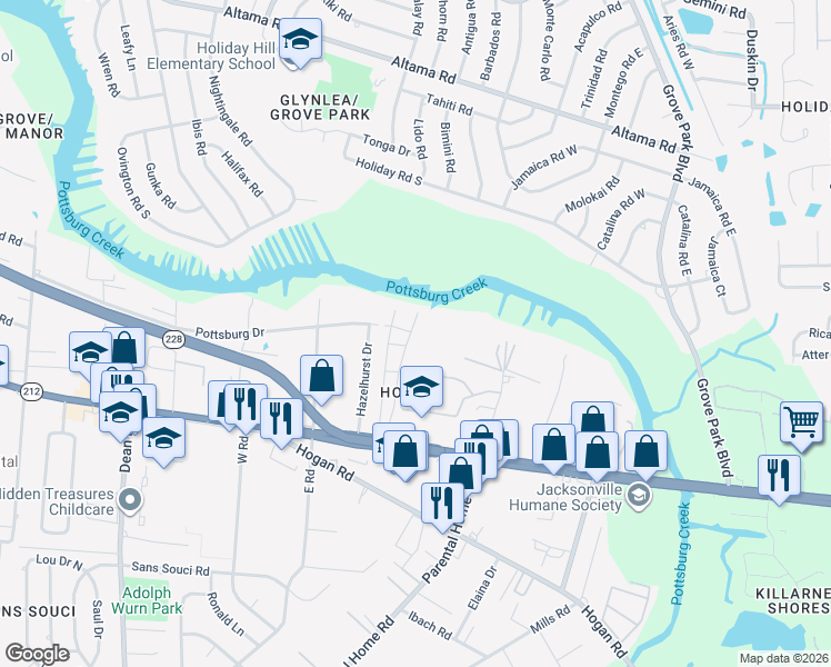 map of restaurants, bars, coffee shops, grocery stores, and more near 1540 El Prado Road in Jacksonville