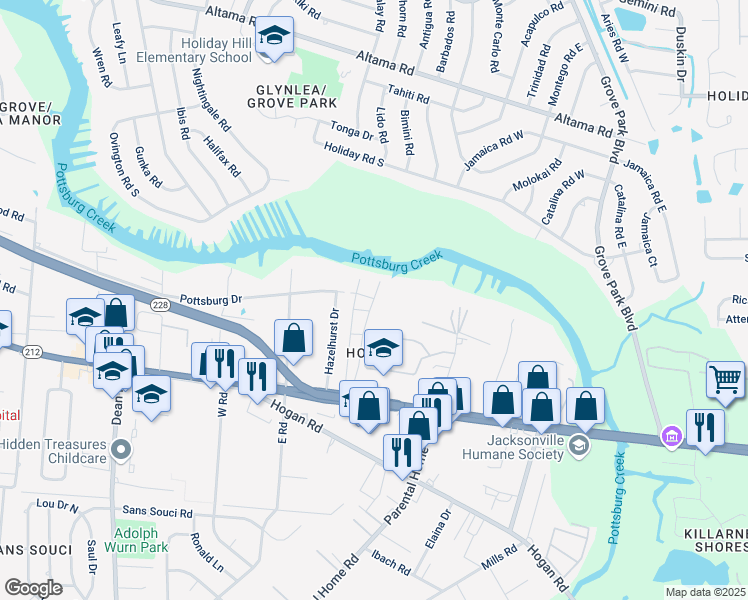 map of restaurants, bars, coffee shops, grocery stores, and more near 1540 El Prado Road in Jacksonville