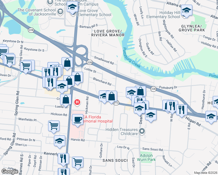 map of restaurants, bars, coffee shops, grocery stores, and more near 6269 Beach Boulevard in Jacksonville