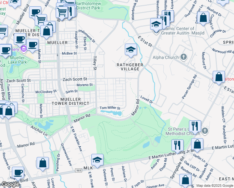 map of restaurants, bars, coffee shops, grocery stores, and more near Chennault Street in Austin