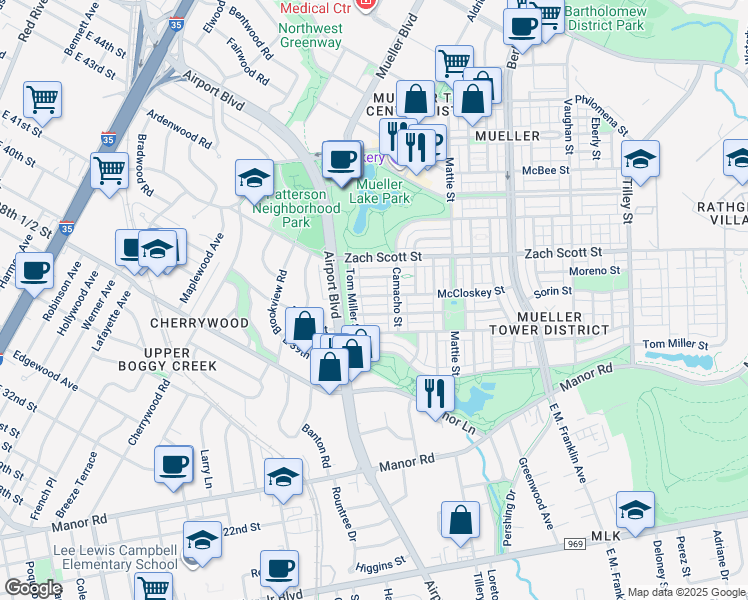 map of restaurants, bars, coffee shops, grocery stores, and more near 4028 Camacho Street in Austin