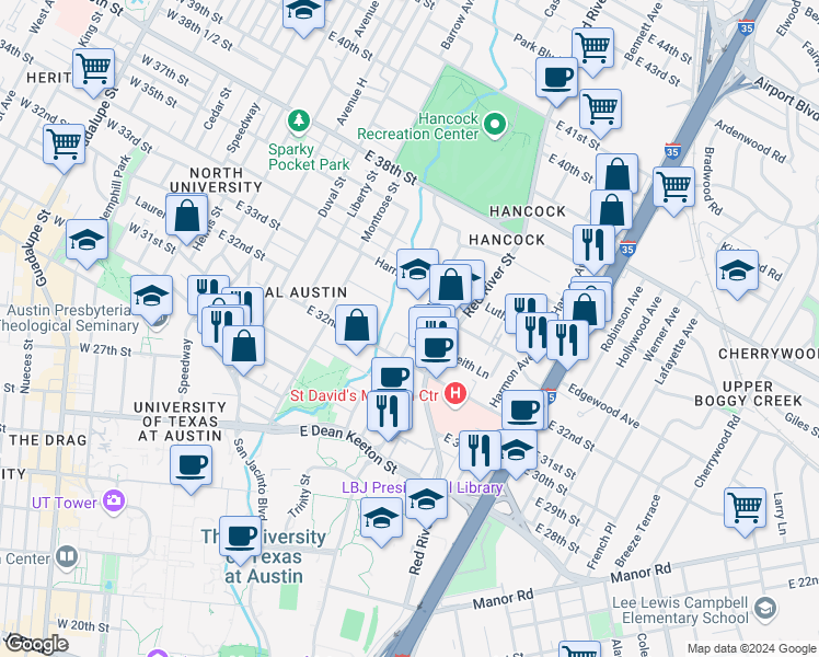map of restaurants, bars, coffee shops, grocery stores, and more near 3208 Hampton Road in Austin
