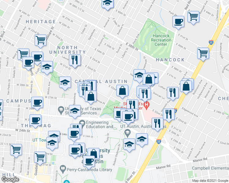 map of restaurants, bars, coffee shops, grocery stores, and more near 3111 Harris Park Avenue in Austin