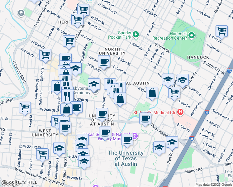 map of restaurants, bars, coffee shops, grocery stores, and more near 2911 San Jacinto Boulevard in Austin